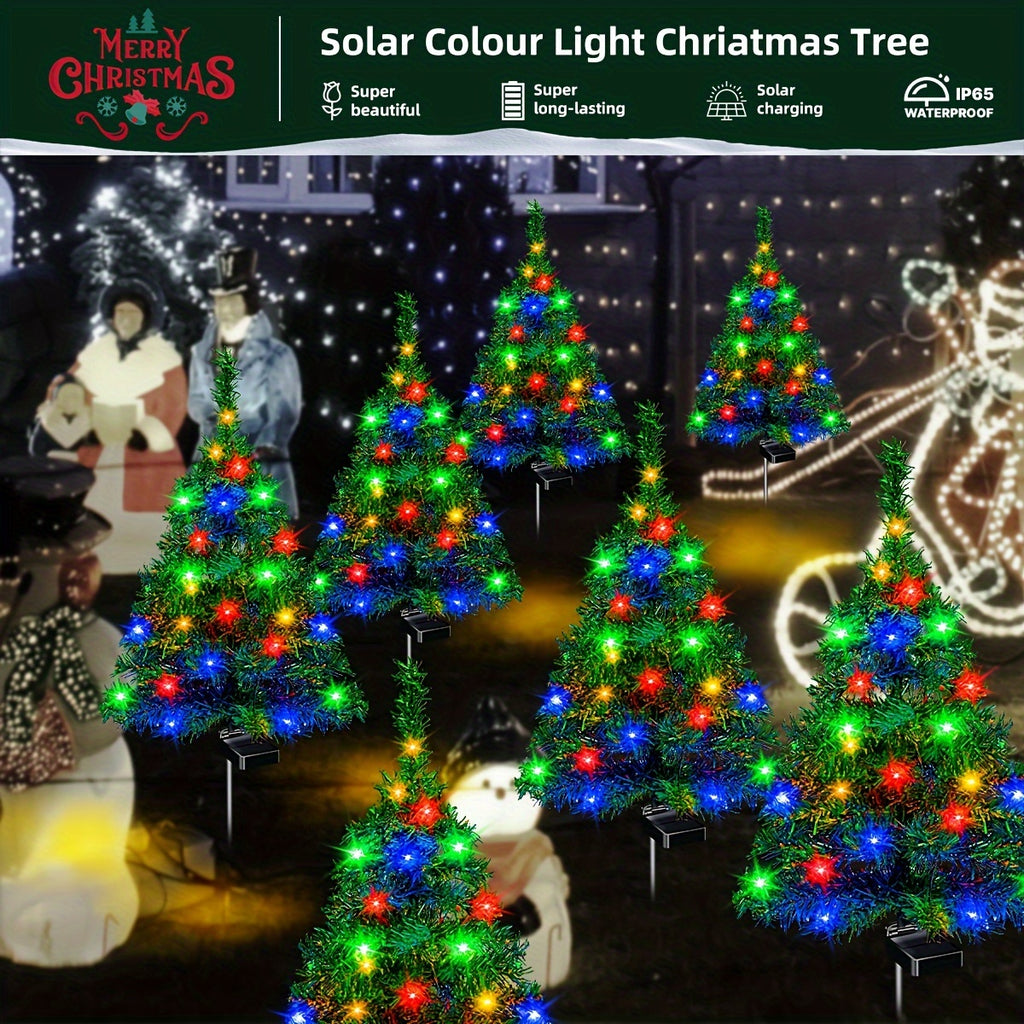 Solar Christmas Tree Path Lights, 4-Pack Green Tree-Shaped Garden Decorations with Solar Panels and Ground Stakes for Front Yard and Walkway Holiday Decor