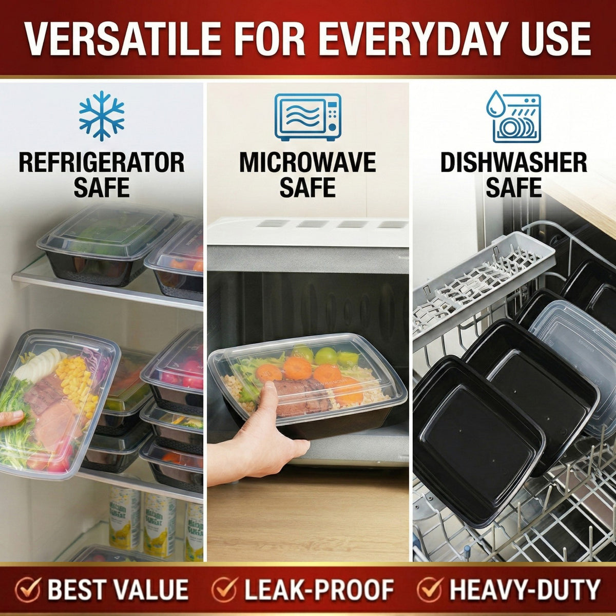 10/100pcs(5/50 Containers+5/50 Lids) 38oz Black Rectangular Meal Prep Containers, Plastic Food Storage Container, Disposable Bento Box, Lunch Box, Kitchen Organizers And Storage Accessories, Microwave & Dishwasher & Freezer Safe, Local Warehouse