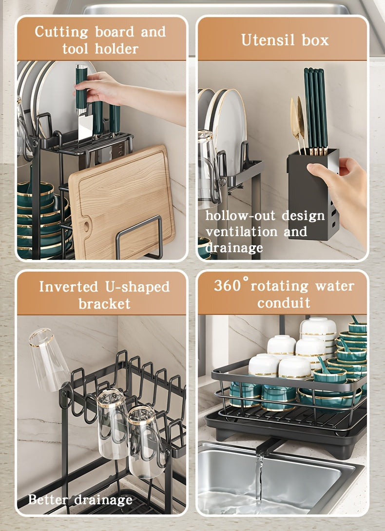 Double Tier Metal And Carbon Steel Cutlery Rack, Large And Durable, with Knife Fork And Cup Holders And Draining Board, Rustproof Two Tier, Space Saving for Kitchen Countertop, Make The Kitchen More Concise And Organized