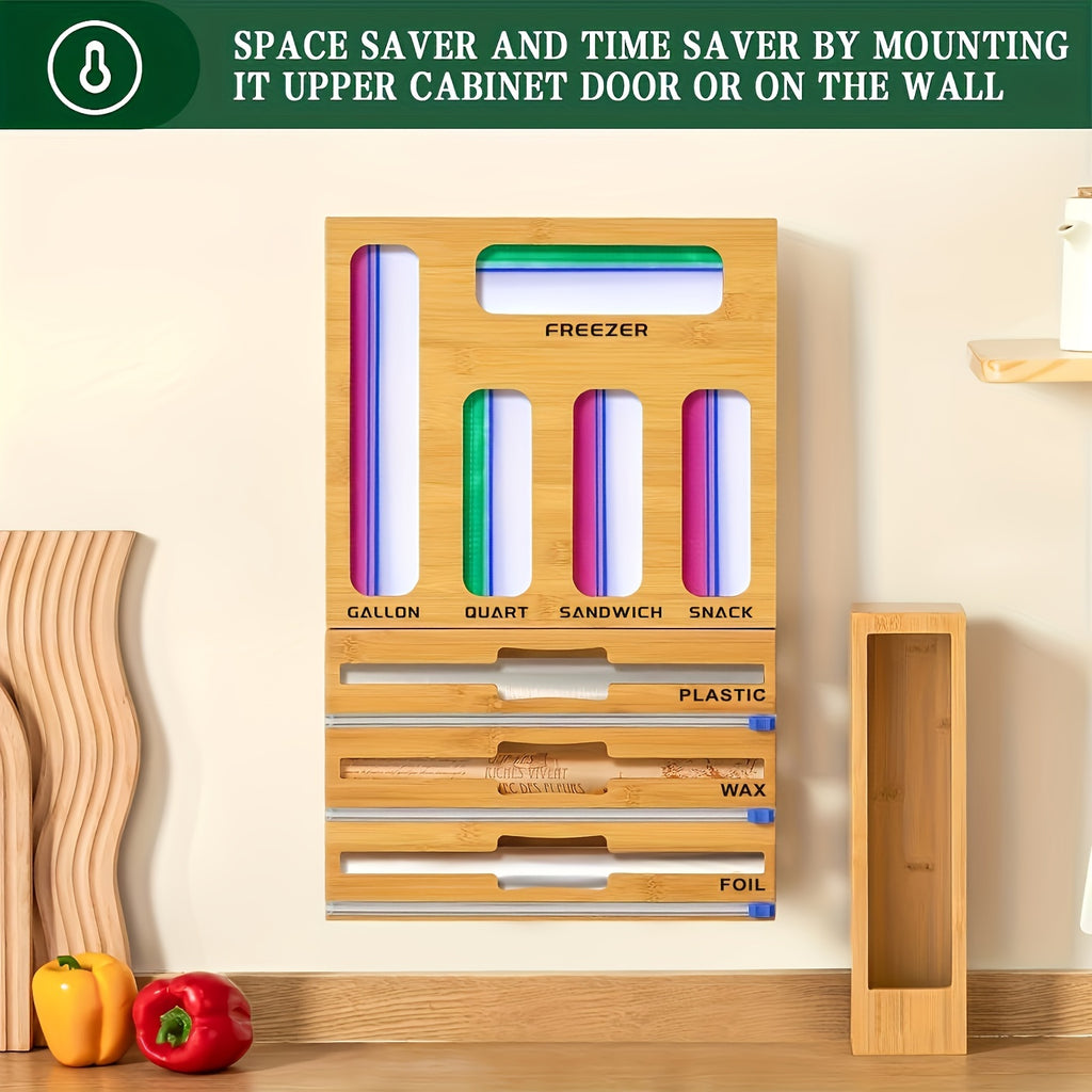 1pc 9 IN 1 Storage Bag Organizer for Kitchen Drawer, Bamboo Foil And Plastic Wrap with Cutter, Organizers Compatible Gallon, Quart, Sandwich Snack Size