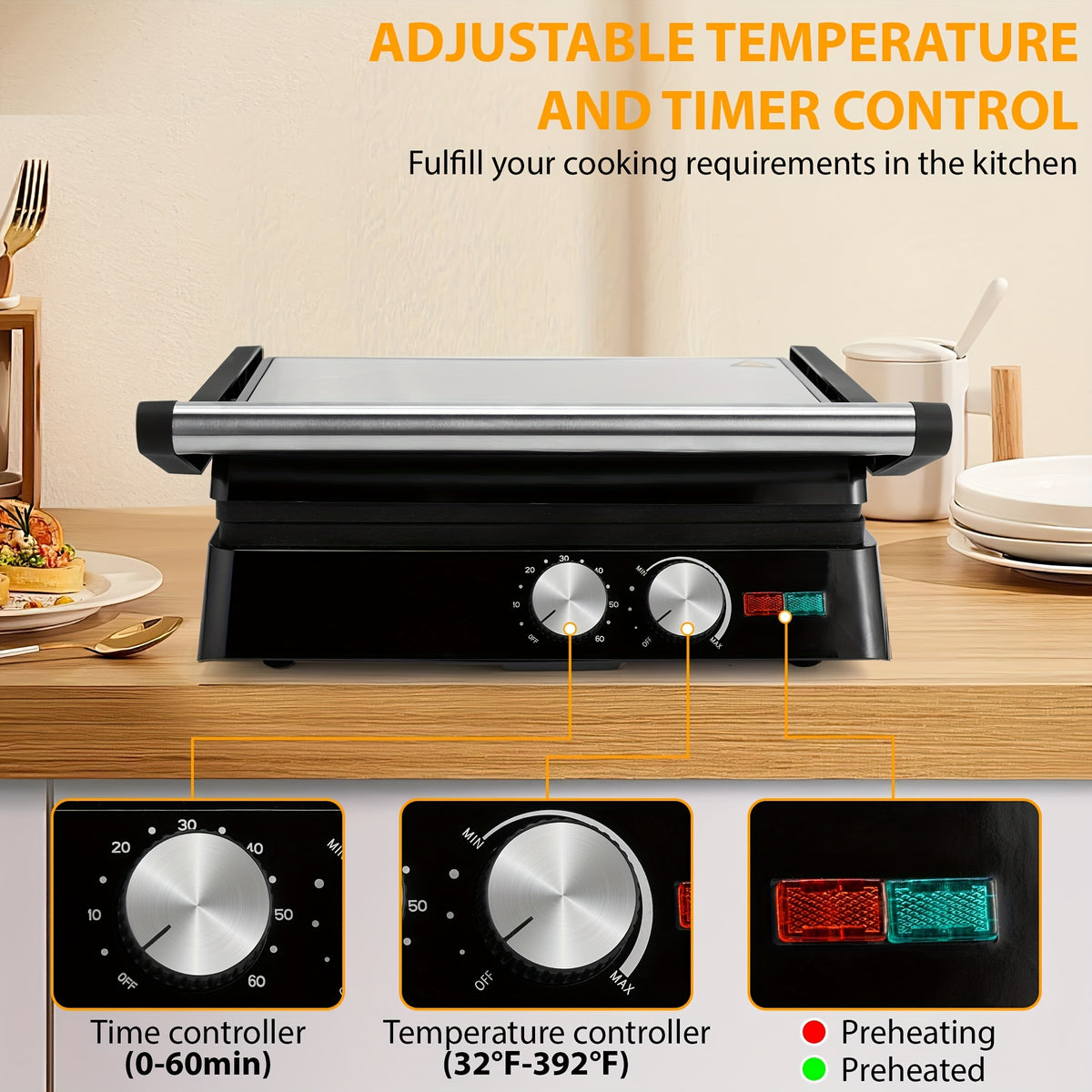 3-in-1 Electric Indoor Grill - Panini Press With Non-Stick Cooking Plates, Opens 180-Degree Gourmet Sandwich Maker, Floating Hinge Fits All Foods, Panini Press Grill With Grease Tray