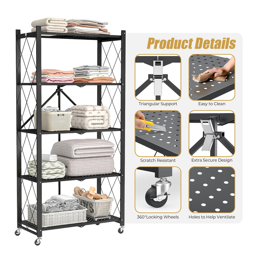 3/4/5-Tier Portable Multifunctional Storage Rack, Floor-Standing Storage Rack with Lockable Wheels, Space-Saving, No Assembly, Foldable Storage Shelf with Durable Carbon Steel Frame for Bedroom, Balcony, Garden, Standing Shelf