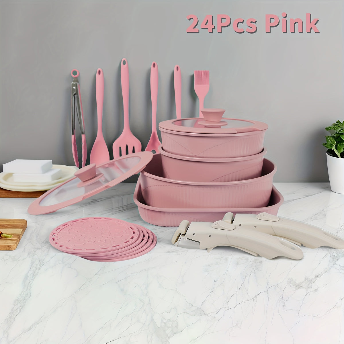 24pcs/7pcs/5pcs Cookware Set Non-Stick Pots & Pans Induction-Ready Kitchen Cookware Set Includes Skillet/Frying Pan/Soup Pot/Steak Pan Removable Handles Home & RV Kitchen Set Stackable Kitchen Accessories Easy To Clean Multiple Colors