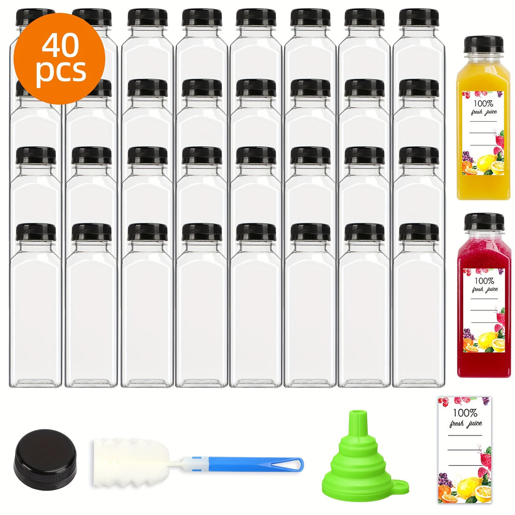 TOMNK 40pcs 12-Ounce / 100pcs 16-Ounce Chear Juice Bottles with Lids and Labels, Leak-Proof Bulk Drink Beverage Containers with Funnel and Brush(Color Random), Suitable for Water, Juicing, Smoothies, Coffee, and Other Beverages