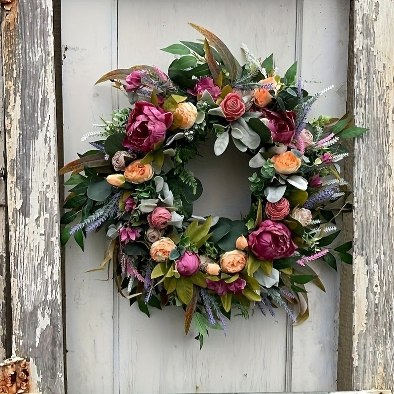 Elegant Peony & Roses Wreath with Pink, Purple, Peach, & Green Foliage - Durable Plastic Farmhouse Door Decoration for Spring Summer Home Decor, Contemporary Floral Wreath with Lush Foliage & Pastel Hues, Easy to Install with Adhesive/Screws, All-Season I