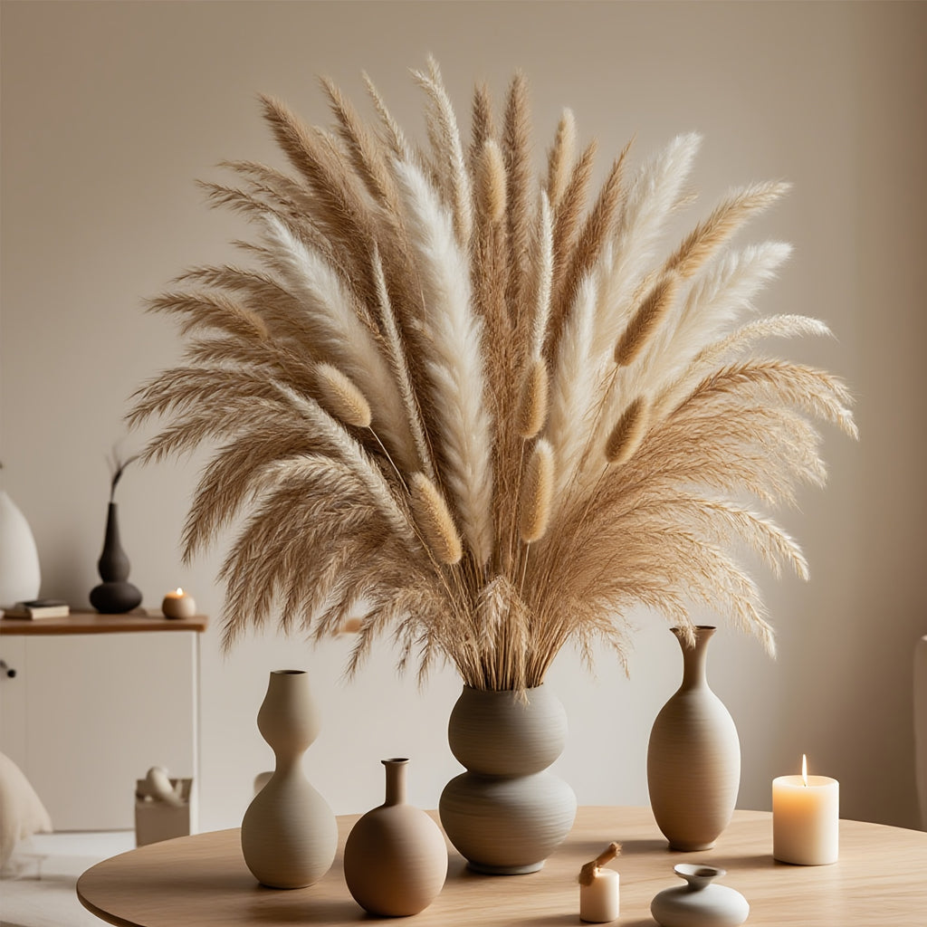125pcs [Bohemian Flair] Pampas Grass Bouquet | Bunny Tails & Dried Flower Decor For Home & Weddings