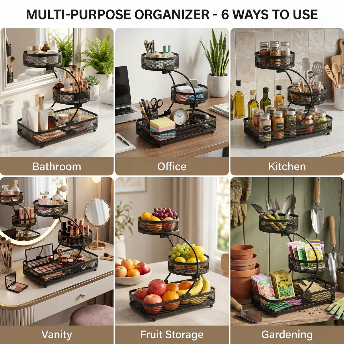 3-tier Metal Bathroom Storage Rack, Includes A Spray Bottle | Hooks - Space-saving Countertop Organizer For Cosmetics, Skincare, And Toiletries | Rust-resistant Diamond Mesh Design | Sturdy And Durable, Suitable For Vanities, Bathrooms, Wardrobes