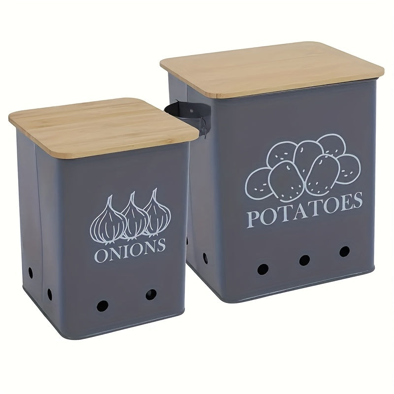 Kitchen Storage Canister, Potato Onion Storage Bin With Aerating Tin Storage Holes & Wooden Lid, Kitchen Organizers For Onion, Potato, Fruit, Black