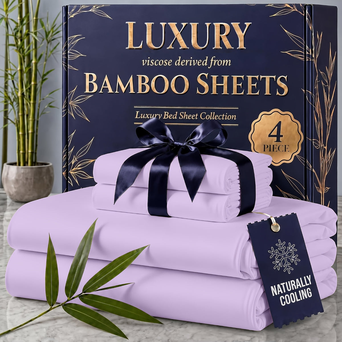 4pcs Cooling Bamboo Blend Sheet Set, Breathable Soft Sheets for Hot Sleepers, 14-Inch Deep Pocket, Twin/Full/Queen/King, Kids Room Decor, Christmas Holiday Home Decor