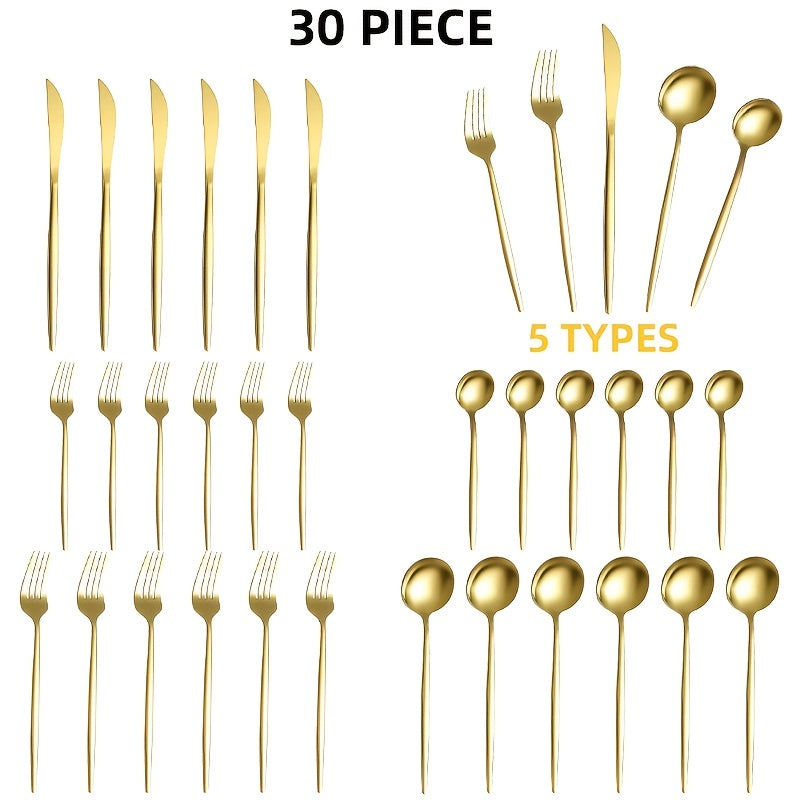 30/60pcs Stainless Steel Cutlery Set, Including Steak Knife, Fork, Spoon And Teaspoon, Dinner Fork, Dinner Spoon, Fruit Fork, Dessert Spoon, Coffee Spoon, Mirror Polished, Suitable for Family Restaurants, Hotels, Parties, Weddings, Copper Cutlery Se