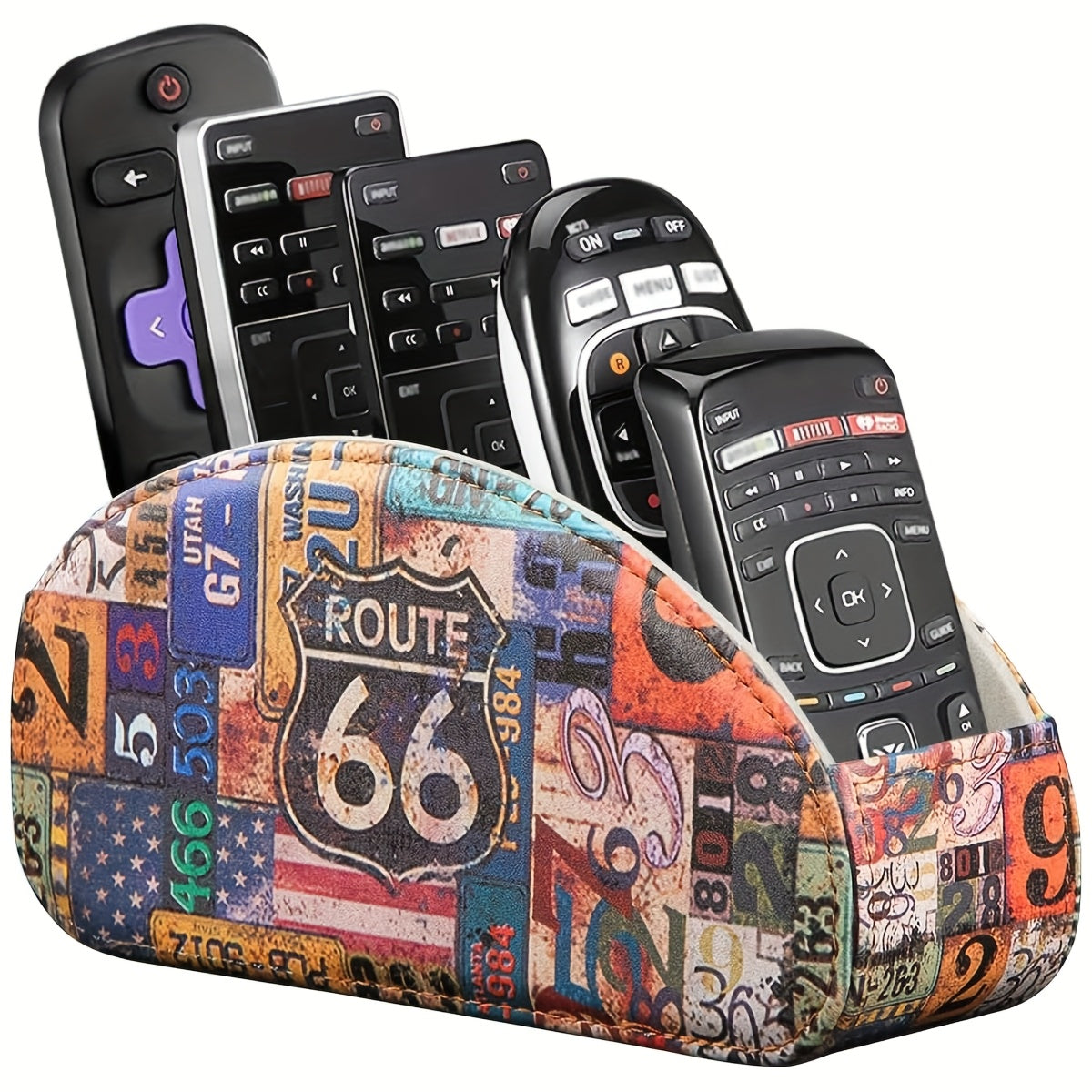 Remote Control Holder with 5 Compartments, Faux Leather Multifunctional Desktop Storage Box/Remote Organizer Caddy/Pen Case/Home Storage Container for Remote Controls, Pens, Eyeglasses, Makeup Brushes, Office Stationery, etc. Home Decor and Accessor
