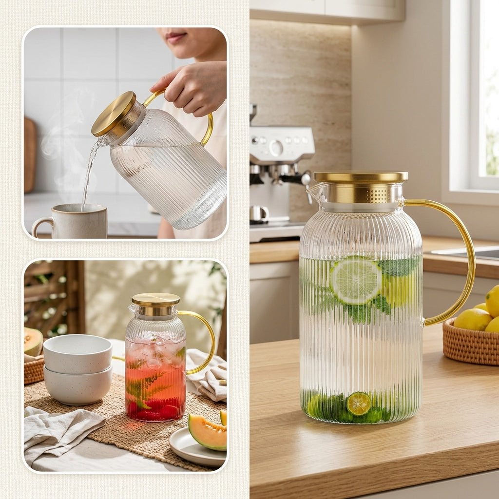 FBL&HM 2/4 PACK Glass Pitcher With 304 Stainless Steel Lid, 68 Oz/ 2 Liter Classic Vertical Stripes Water Pitcher, Glass Water Carafe For Cold Brew, Coffee, Lemonade, Iced Sun Tea, Beverage, Milk, Heat Resistant