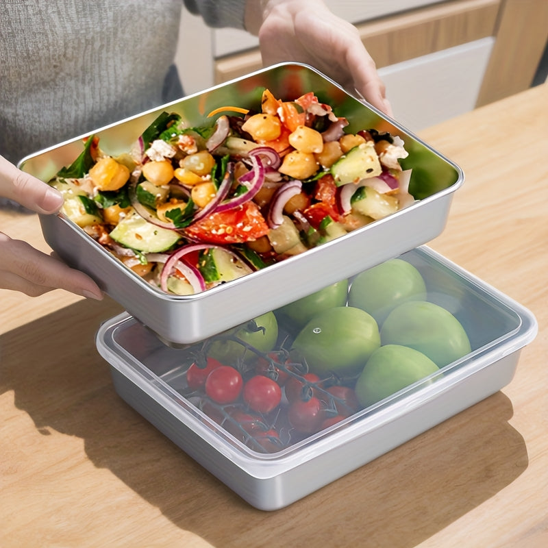 Purchase Three And Receive Two at No Cost, Making a Total of Five Stainless Steel Food Storage Containers - Sturdy Baking Trays That Come with Complimentary Lids, Reusable, Ideal for Picnics, Meal Preparation, Organizing The Refrigerator