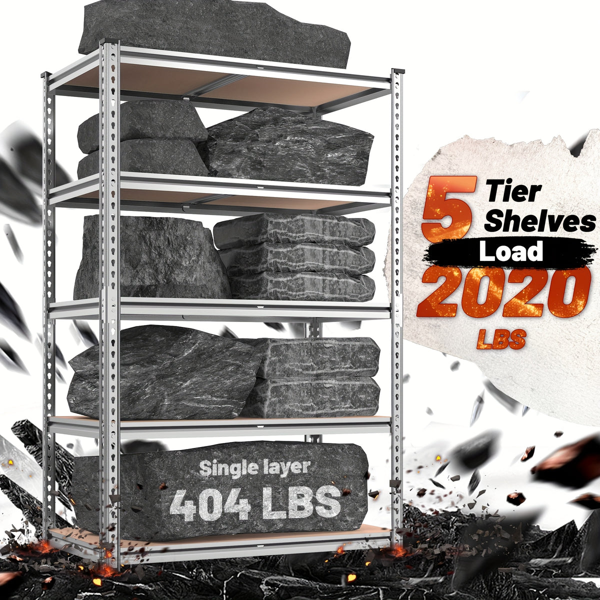 2020LBS Storage Shelves 5 Tier 72" H X 35.55" W X 16" DGarage Shelving Heavy Duty, Adjustable Metal Shelving Unit, Garage Shelves for Basement, Warehouse, Pantry, 72" H X 35.55" W X 16" D, Black, Standing Shelf