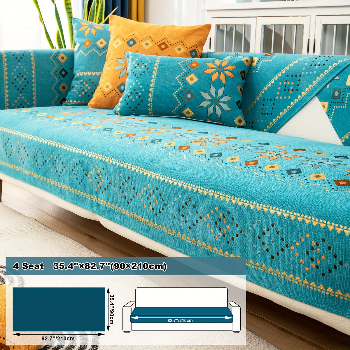 1pc Bohemian Chenille Sofa Cover Suitable for Sofa Sizes (Single to Four-Seater) - Thick Plush Non-Slip Couch Cover with Geometric Embroidery, Chenier Fabric Slipcover Fits for Sectional Sofas, Machine Washable Furniture