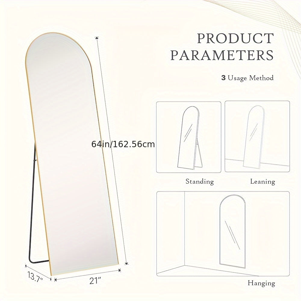Full Body Floor Mirror with Stand and Aluminum Alloy Frame, Black or Golden Arch and Standard Options for Bedroom Dressing and Living Room Decor