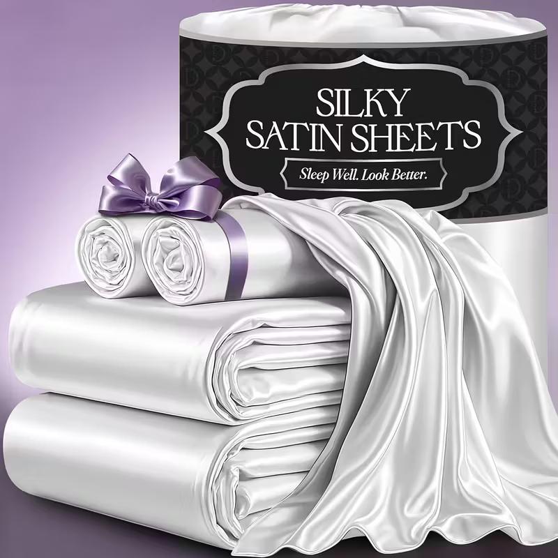 3/4pcs 2100TC Satin Sheets Queen Size Bed Set-Child Satin Bed Sheets Ultra Soft Satin Sheets Queen Set, Breathalbe Satin Bed Sheets Bed Sheets All Sizes Soft Satin Bedding for Bedroom 5 Star Luxury Hotel Experience W/ The Premium Satin Sheets