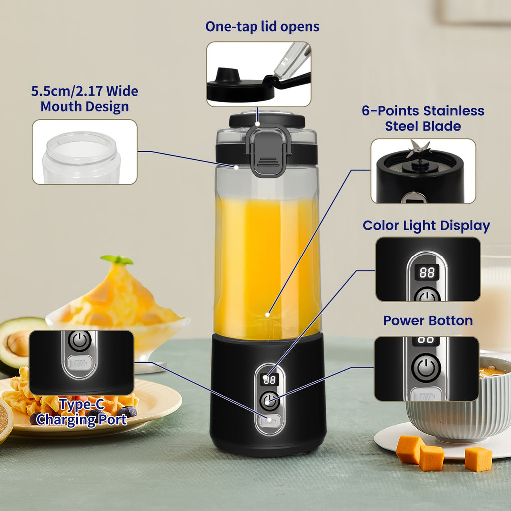 LALAYUAN USB-Powered Juicer & Juicer with Digital Timer, Battery Left Display, High-Speed Ice Crush, USB-C Fast Charge, One-Tap NO-Spill Lid, 6-Blade Stainless Steel - Smoothie Blender Portable, Protein Shakes, Gym, Travel Smoothie Maker