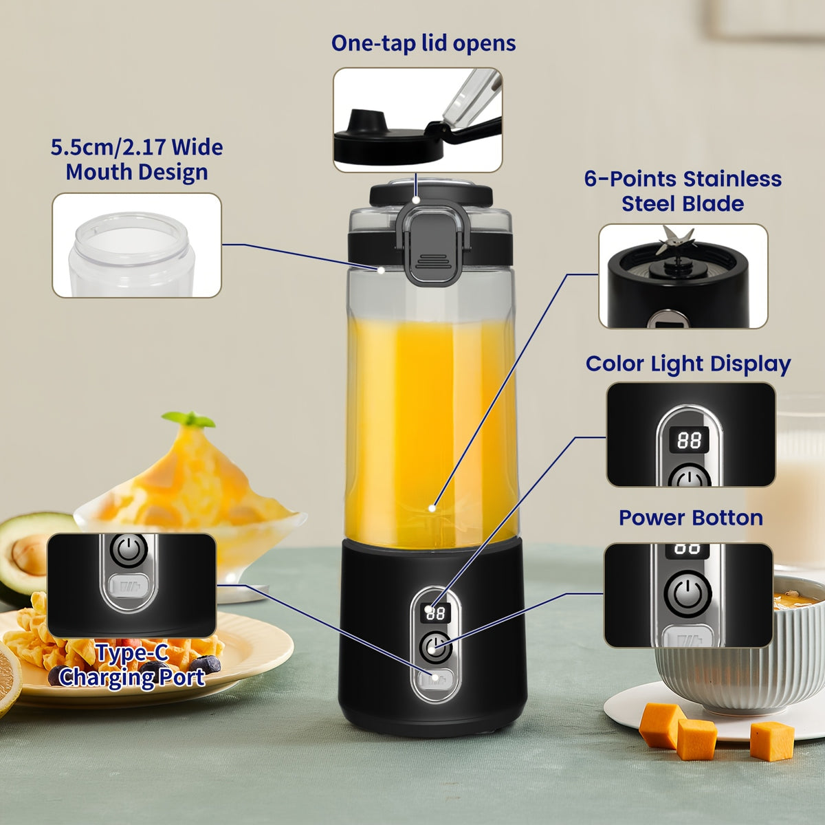 LALAYUAN USB-Powered Juicer & Juicer with Digital Timer, Battery Left Display, High-Speed Ice Crush, USB-C Fast Charge, One-Tap NO-Spill Lid, 6-Blade Stainless Steel - Smoothie Blender Portable, Protein Shakes, Gym, Travel Smoothie Maker