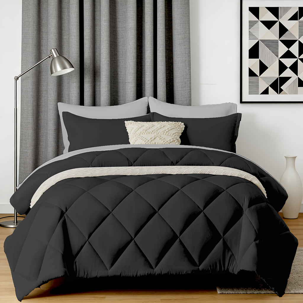 5/7pcs Luxurious Double-sided Checked Pattern Comforter Set-Breathable-Ultra Soft Fluffy Fiber Filling, Warmth for All Seasons-Bed In A Bag with Comforter, Flat Sheet, Fitted Sheet, Pillowcases, And Pillowshams, Family Gift Set, Random Color