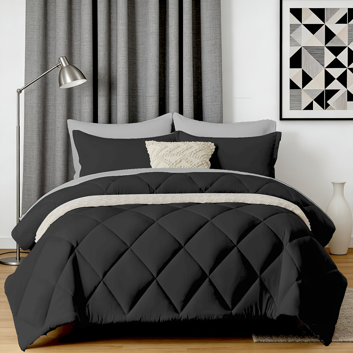 5/7pcs Luxurious Double-sided Checked Pattern Comforter Set-Breathable-Ultra Soft Fluffy Fiber Filling, Warmth for All Seasons-Bed In A Bag with Comforter, Flat Sheet, Fitted Sheet, Pillowcases, And Pillowshams, Family Gift Set, Random Color