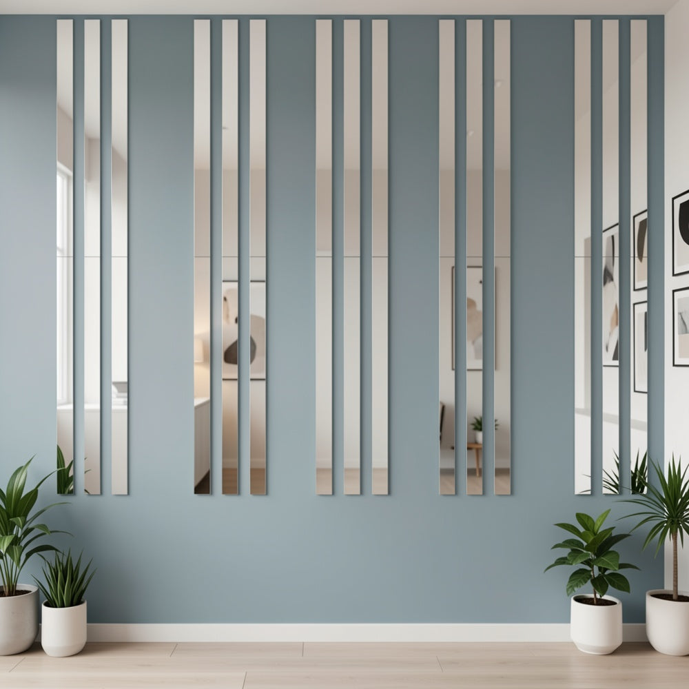 10pcs Pack, 3*25Cm/1.2*9.84In, Silver Acrylic Mirror Wall Sticker, Strip Self-Adhesive Wall Decals, for Living Room Bedroom Bathroom Office Home, Art Wall Decoration