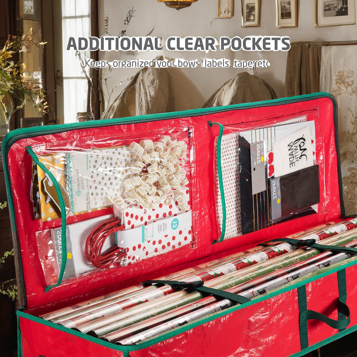 Wrapping Paper Storage Bag, 40 Inch Plastic Underbed Holiday Organizer with Interior Pockets and Zipper Closure in Red or Green for Seasonal Supplies