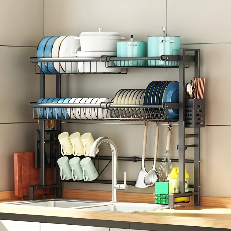 1pc Countertop Dish Rack & Drain Tray Extendable Kitchen Sink Shelf Dish Holder & Drain Rack Black Kitchen Storage Rack