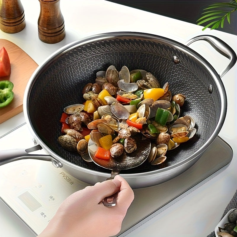 13.3-Inch Tri-Ply Stainless Steel Non-Stick Wok with Lid And 2pcs Cookware Additions, Honeycomb Design, Home Cooking Pan, Suitable for All Stoves, Kitchen Utensils, Kitchen Tools, Kitchen Accessory, Kitchen Supplies Camping