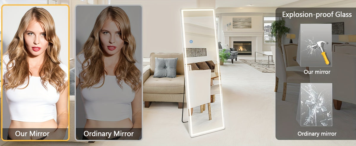 Full Length Standing Mirror with LED Style Options, Slim Aluminum Alloy Frame in Arched or Rectangular Designs for Bedroom Dressing and Home Decor