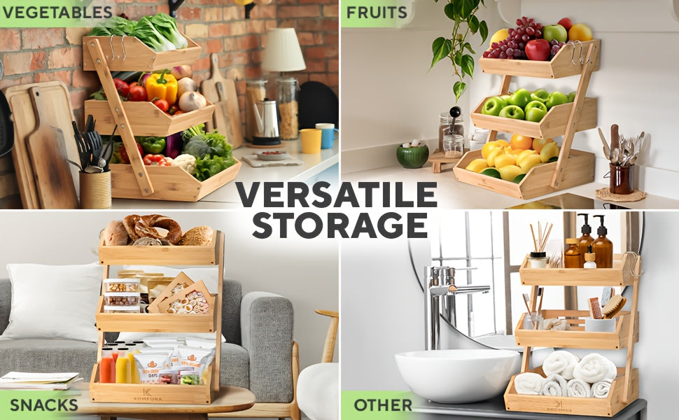 Stackable Bamboo Kitchen Organizer 2 Or 3 Tier Space-Saving Storage Rack for Fruits, Vegetables, Bread & Snacks Multi-Tier Bamboo Storage Basket Compact Stackable Display Tray for Kitchen, Pantry Holds Produce, Bakery & Snacks