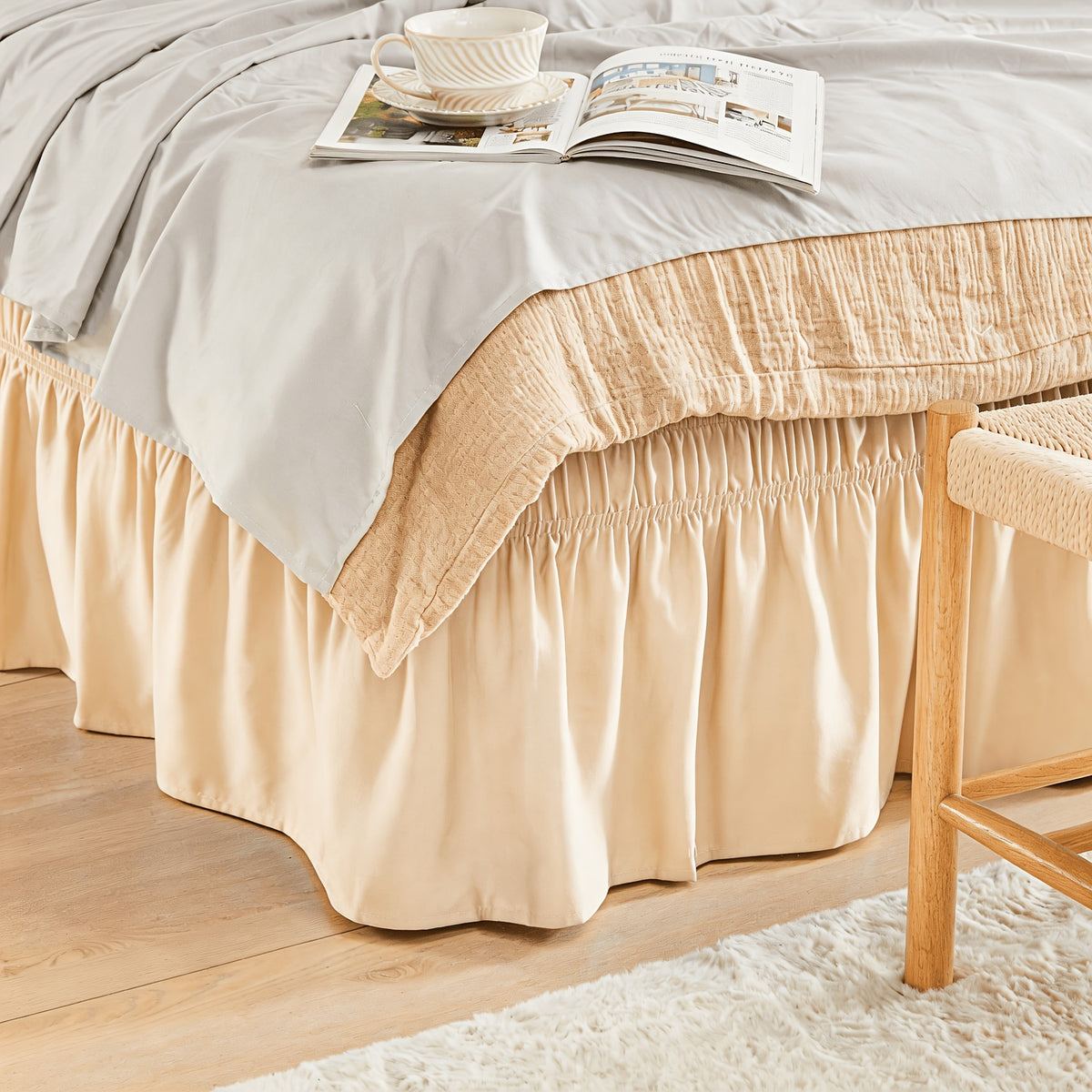 Leafy Sleep Elastic Bed Ruffle, Easy Wrap Around Ruffle, Microfiber Bed Skirt with Adjustable Elastic Belt 15 Inch Tailored Drop, Hotel Quality Bed Skirt, Fade Resistant, Easy Fit, Machine Washable