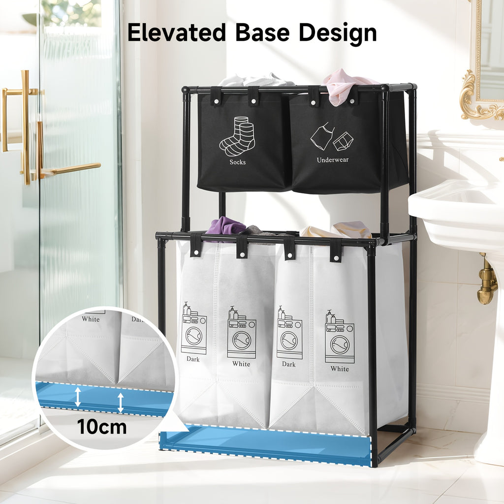 2 Compartment Laundry Hamper (No Wheels) - 2 Tier Laundry Sorter With Handles - Sturdy Metal Frame & Breathable Mesh Bags - Space Saving Clothes Organizer For Home, Apartment, Add 10 Cable Ties For Securing, Dirty Laundry Basket, Laundry Baskets