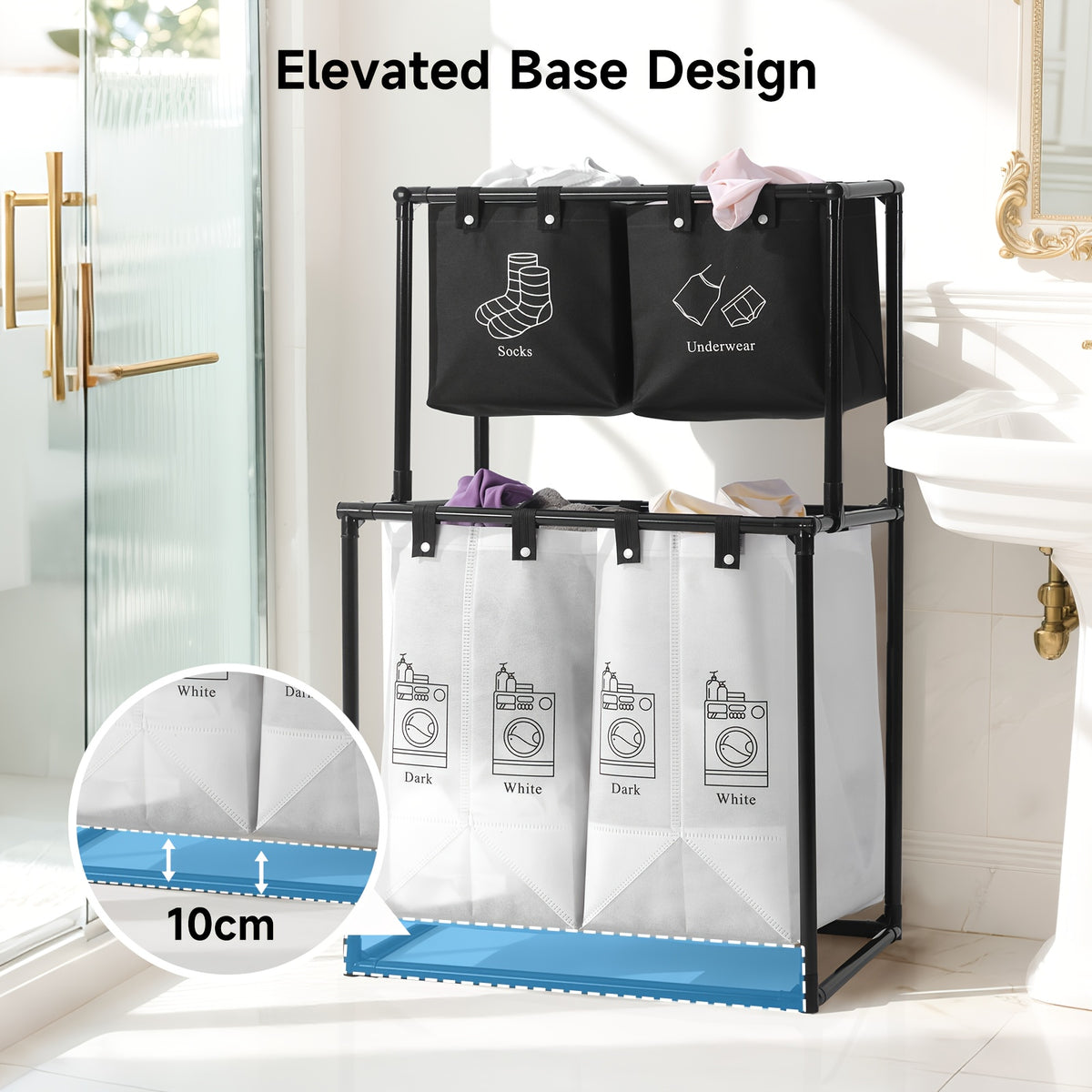 2 Compartment Laundry Hamper (No Wheels) - 2 Tier Laundry Sorter With Handles - Sturdy Metal Frame & Breathable Mesh Bags - Space Saving Clothes Organizer For Home, Apartment, Add 10 Cable Ties For Securing, Dirty Laundry Basket, Laundry Baskets