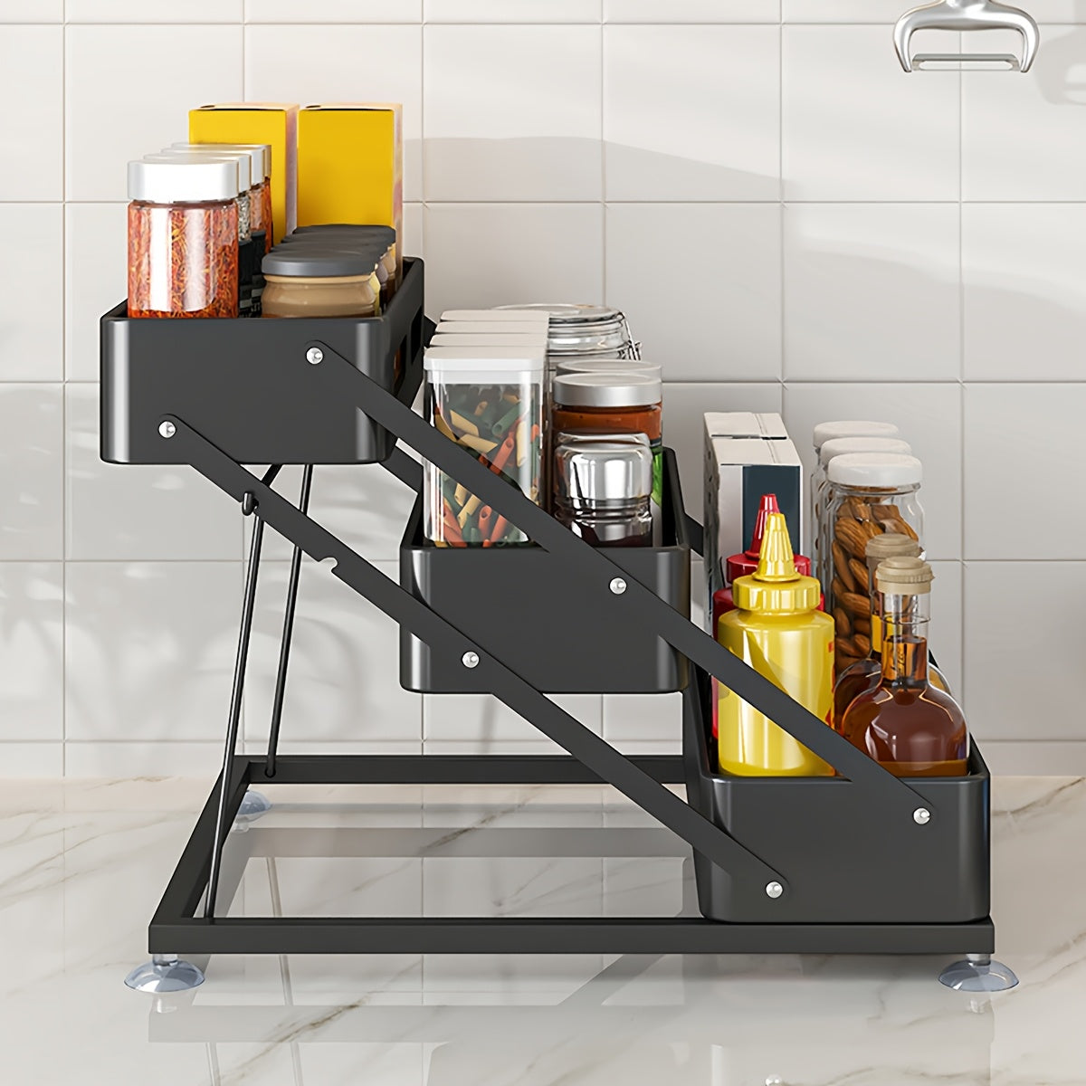 3-Tier Foldable Cast Iron Spice Rack Organizer with Safety Rails - Space-Saving Countertop & Cabinet Storage for Kitchen, Pantry - Durable Painted Finish, Holiday-Themed Design, Kitchen Spice Organizer, Space Saver, Sleek Metal Style, Sturdy Construction