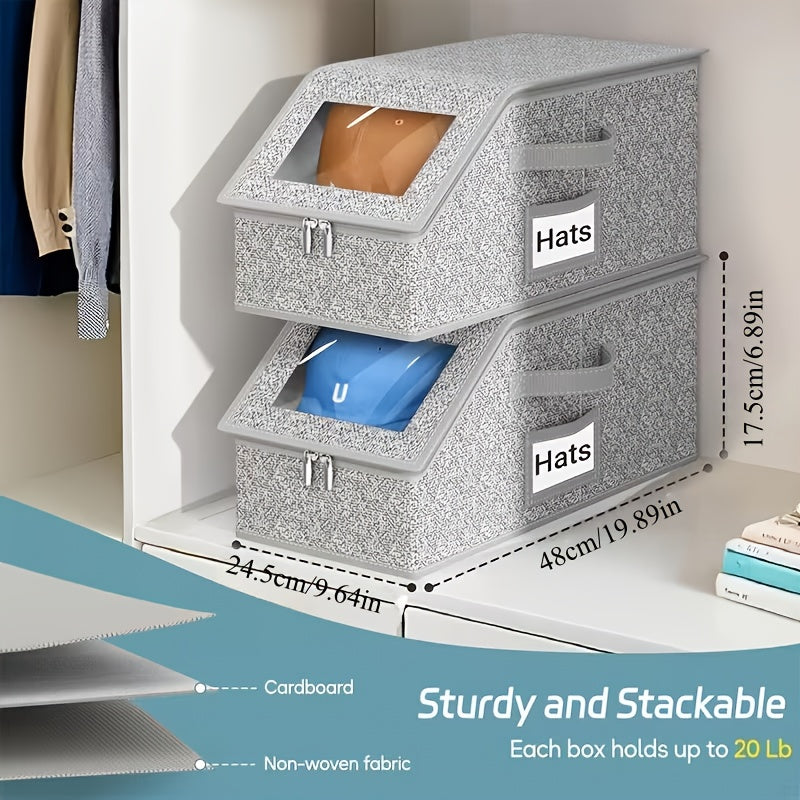 4/2pcs Stackable Baseball Cap Storage Box with Clear Viewing Window, Holds Up to 30 Caps Hat Organizer for Closet, Suitable for Men, Women, Gray, Space-Saving Design for Underwear, Socks, Toys