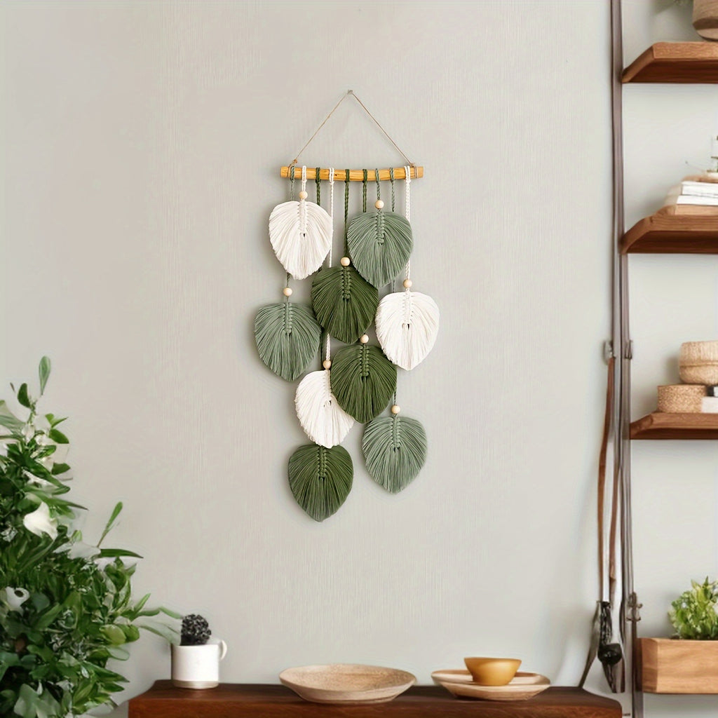 1pc Bohemian Wall Hanging Tapestry - Handmade Green Leaf Design, Natural Themed Acrylic Wall Art for Living Room, Bedroom, Office - Indoor Decorative Tapestry, No Power Needed, Transverse Orientation, Bedroom Wall Decor | Bohemian Style | Acrylic Art, Wal