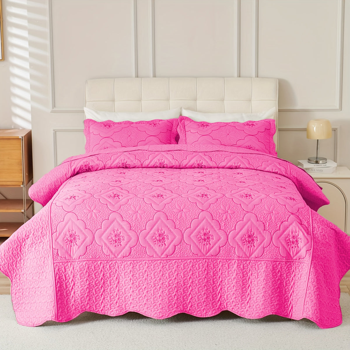 3pcs Exquisitely Crafted King/ Queen Size Quilted Bedspread Set with Intricate Floral Embroidery - 100% Polyester, Wrinkle - Resistant, Lightweight, Perfect for Adding A Touch of Elegance To Your Bedroom Decor