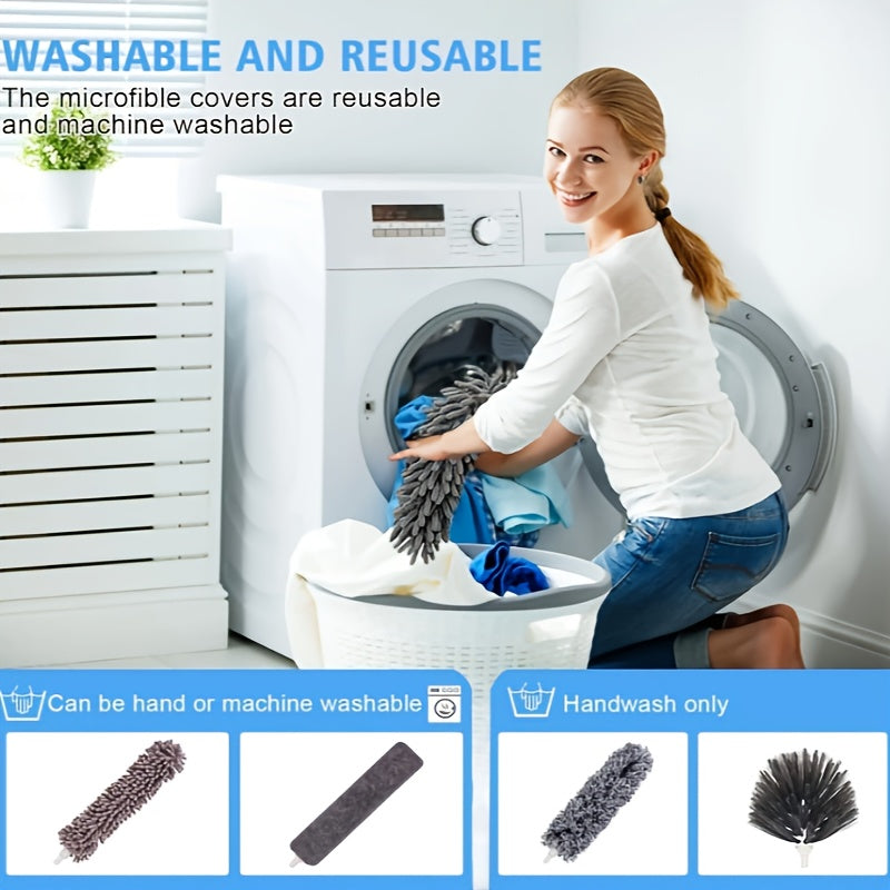 9/12pcs Microfiber Duster Kit for High Ceiling, Extendable Dusters for Cleaning with 100" Extension Pole, Washable and Retractable Long Feather Duster for Home Car Furniture Cobweb, Blinds, House Cleaning Tool Kit