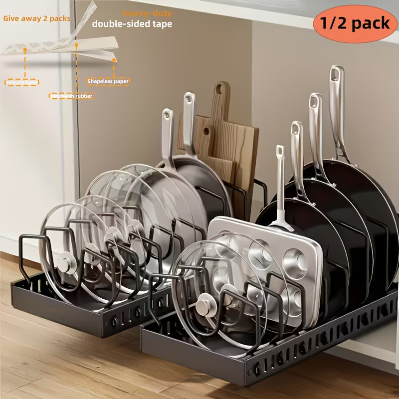 1/2pcs Pull-Out Pot And Pan Storage Box for Cabinets, Kitchen Sliding Lid Rack And Pan Holder, Cabinet Sliding Storage Box for Storing Lids, Baking Tools, And Plates, 8/16 Adjustable Dividers, Kitchen Decor And Additions Pots And Pans Organizer