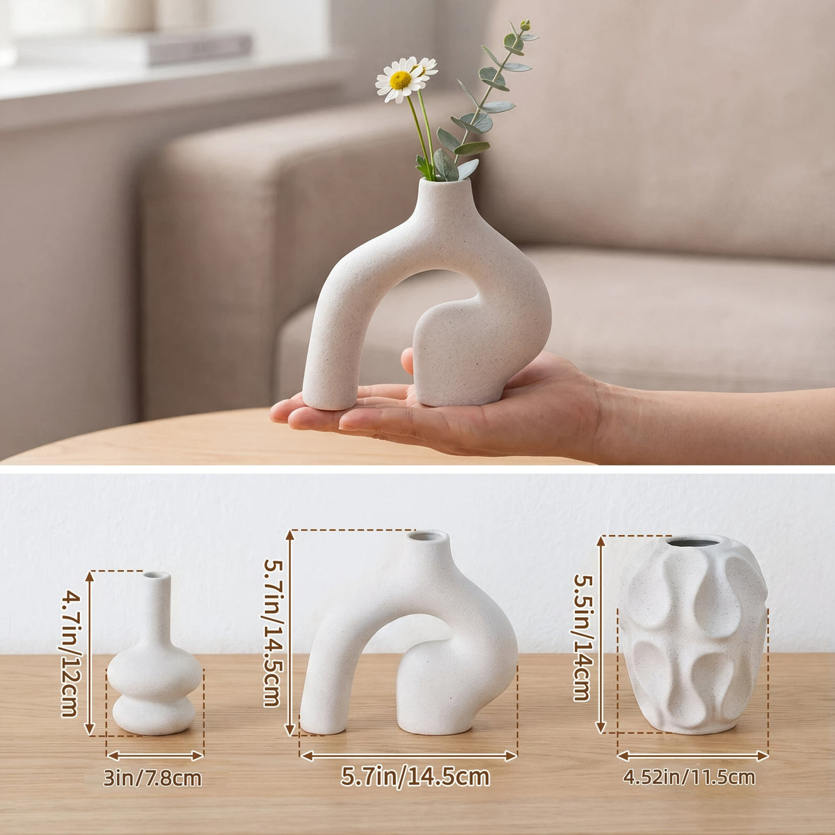 TOMNK Ceramic Vase Set Of 3/5, Nordic Modern Boho Ins Style Decorative Ceramic Aesthetic Flower Vase for Home Decor, Matte Ceramic Decorations for Living Room Shelf, Bookshelf Mantle Entryway Table Or Console Decor