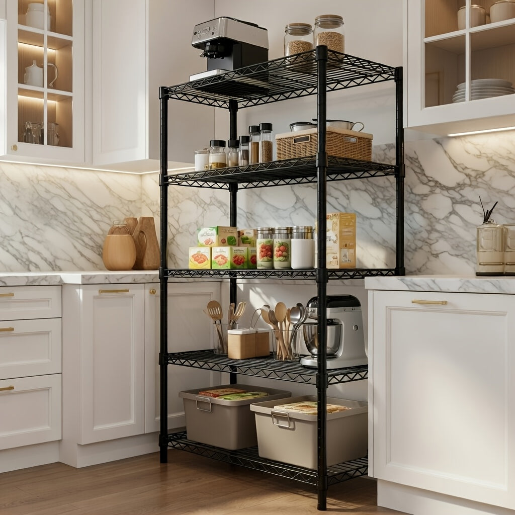 MZG Heavy-Duty Adjustable 5/4 Shelf Metal Storage Shelving Unit - Industrial Garage, Pantry, Kitchen, Workshop Organizer Tool-Free Assembly, Space-Saving Shelving Rack For Home, Commercial Use Open Shelf Design, Sturdy Construction, Utility Shelves