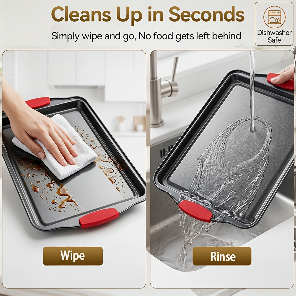3pcs Nonstick Carbon Steel Oven Baking Pans Set With Detachable Silicone Handles, Premium Non-Stick Steel Bakeware Set, Commercial Grade Restaurant Quality Rimmed Sheets, Easy-Clean Baking Trays For Cookies, Pizza, Cake & Home Kitchen Use