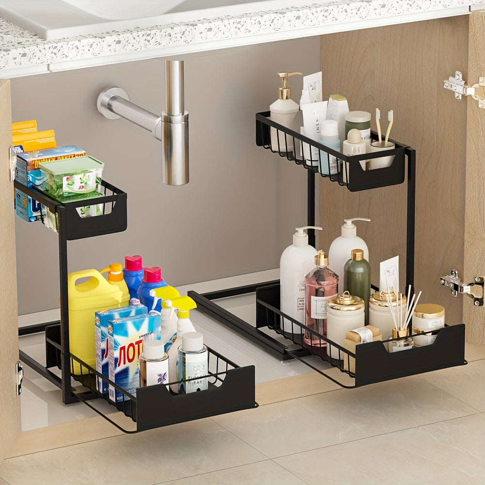 2-Tier Sliding Under Sink Organizer Rack Kitchen Lower Sink Sorting Sliding Pull-out Cabinet Sorting Rack Metal Sliding Drawer For KitchenBathroom Refrigerator Cabinet Organization Rack Simple And Practical Kitchen Storage Essentials (1pack/2pack)