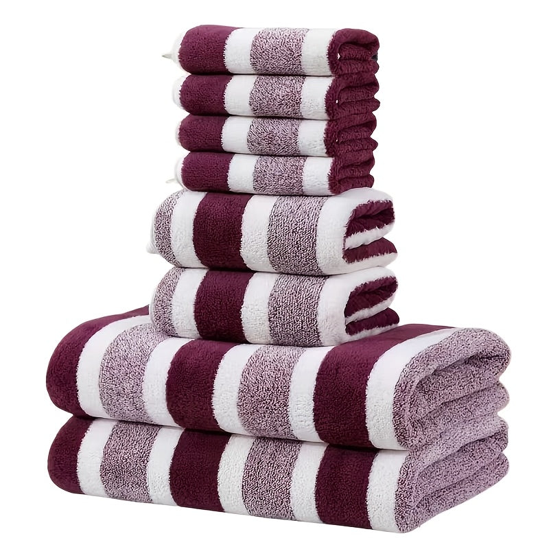 8pcs Set, No Hair Loss, Super Absorbent, Super Soft Two-Color Striped Interval Bath Towel Combination, Including 2 Large Bath Towels, 2 Large Face Towels, 4 Hand Towels