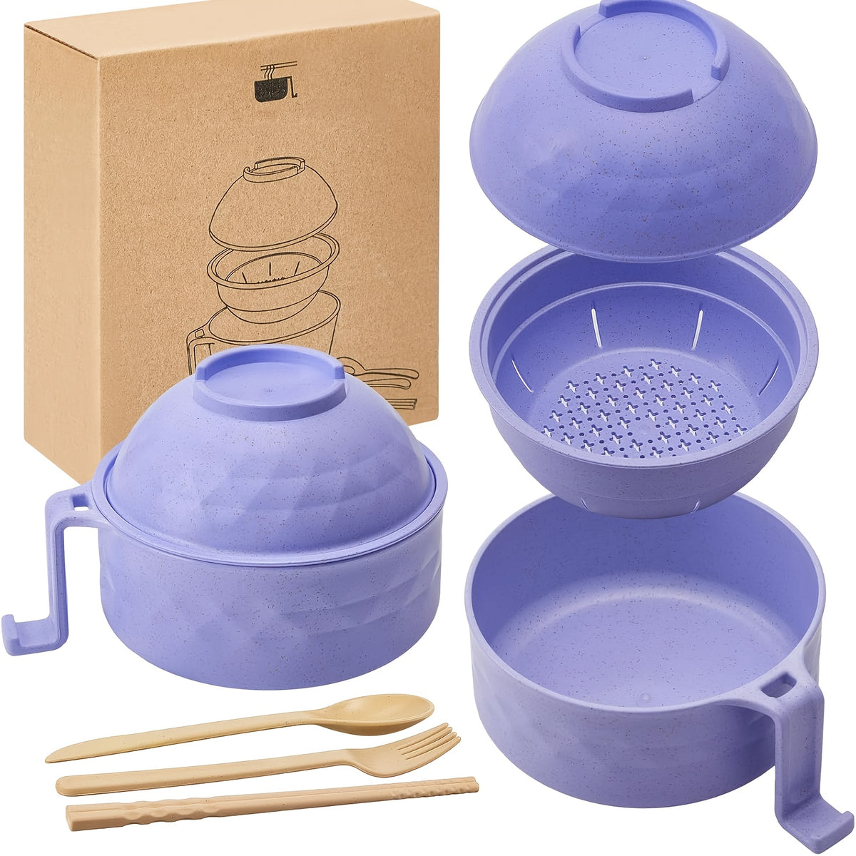 6pcs/Set Microwave Ramen Bowl Set, Ramen Noodle Cooker With Lid & Handle, Perfect For Home, Office, Dorm, Or College Tableware