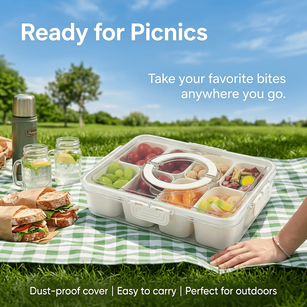 8-Compartment Divided Snack Box with Lid & Handle - Airtight BPA-Free Leakproof Plastic Storage Container Suitable for Parties, Picnics, Lunchboxes, Pantry Organizer, Square Lunch Tray with Snap- Lid for Home,, Office Use