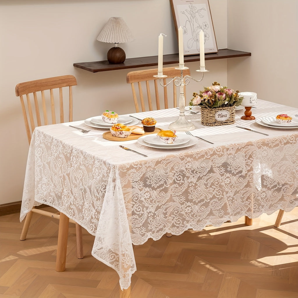 Elegant White Lace Tablecloth with Intricate Phoenix Tail Flower Embroidery - Perfect for Weddings, Receptions, Dinners, and Home Decor - Polyester, Rectangular, Machine-Made, Holiday Table Setting|Floral Lace Design|Polyester Fabric