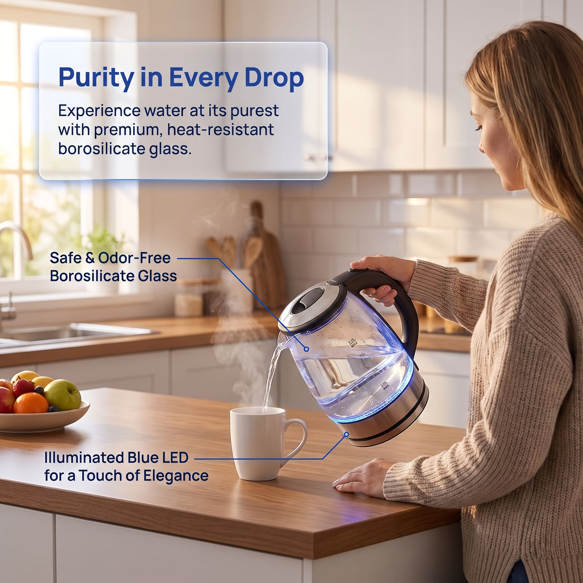 Electric Tea Kettle, Cordless Water Boiler & Heater with Fast Boiling 1000W, Auto Shut-Off & Boil-Dry Protection, 1.9 Liter Clear Glass, Suitable for Tea, Soup, Instant Noodles, Boiling Water Heater