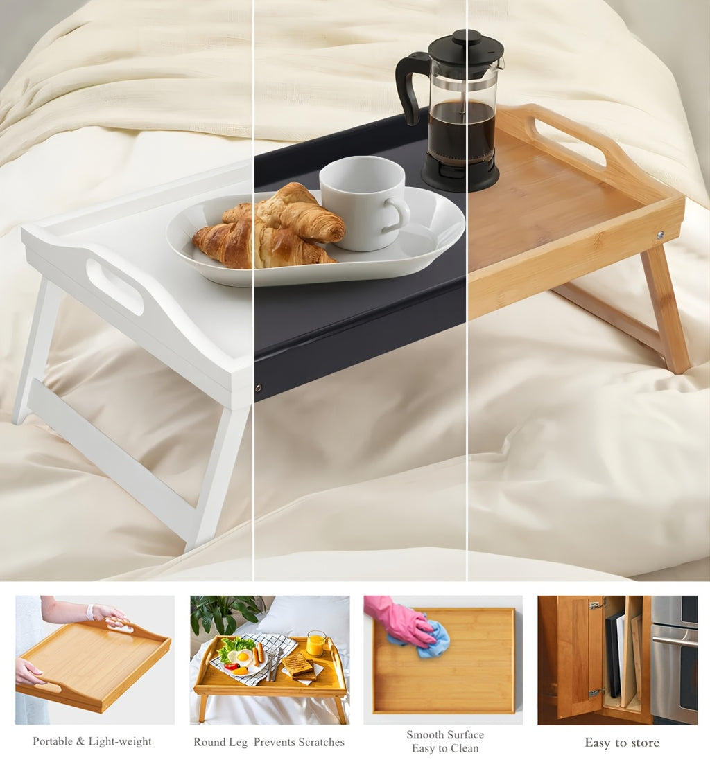 2pcs Bamboo Breakfast Tray with Folding Legs & Handles - Extra Wide Stable Food-Safe Bed Tray Table for Eating, Working, Drawing - Portable Foldable Design for Sofa, Bed, Lazy People, Bedside Table | Natural Look | with 10pcs Paper Plates